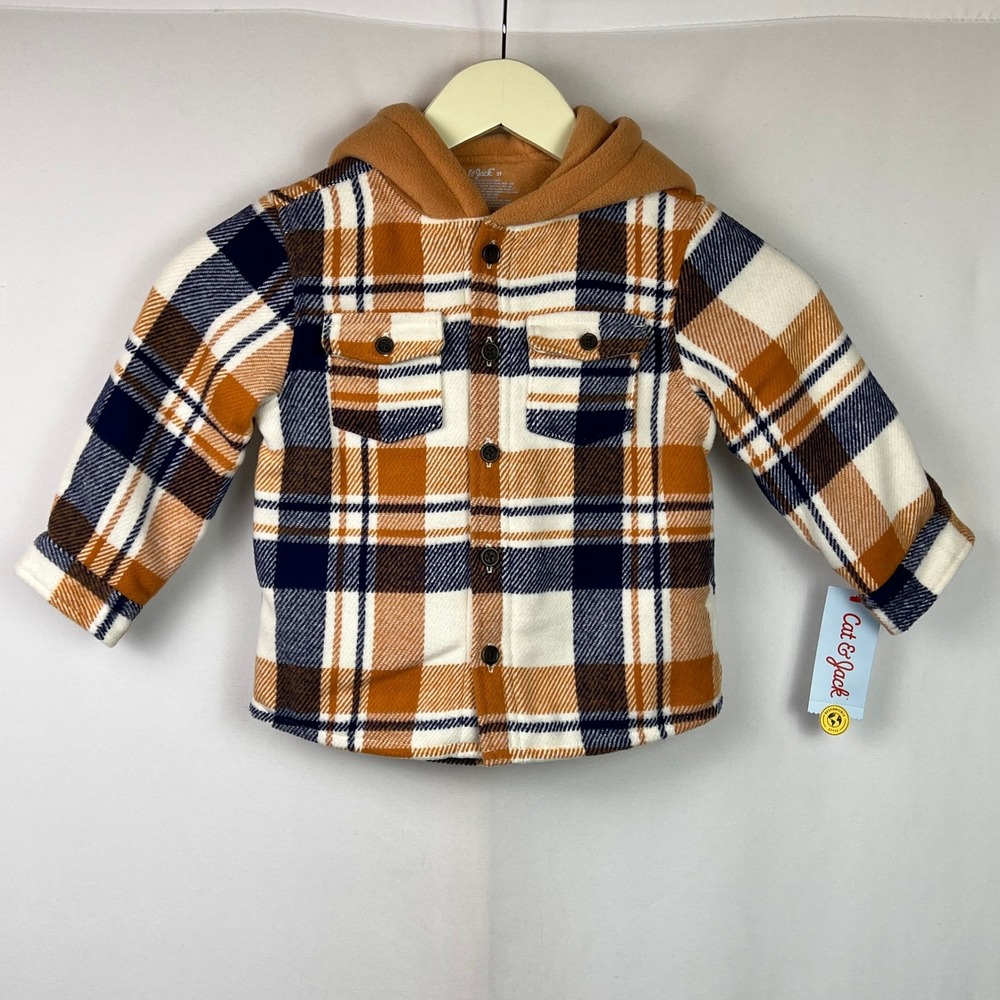 Cat & Jack Toddler Boys Hooded Plaid Shacket Navy Orange Cream 2T New with Tags